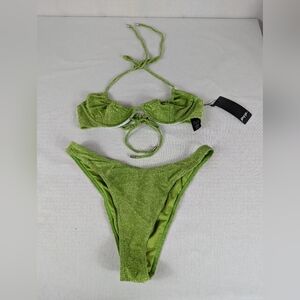 Nasty Gal Green Glitter Underwire Tie Bikini Vacation Spring Break US Sz 8 NEW